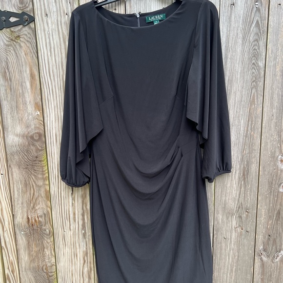 RALPH LAUREN Little Black Cocktail Dress Ruched waist Split Sleeve size 8 - Picture 2 of 13